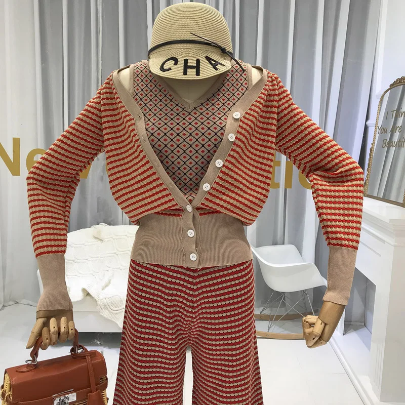 ALPHALMODA, цветной полосатый кардиган, куртка+ жилет на подтяжках+ боковые разрезы, обтягивающие широкие брюки, женская одежда для ранней осени