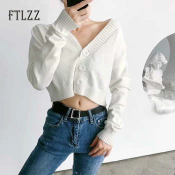 

Fashion Women Short Sweater 2020 New Spring Autumn Long Sleeve V-neck Single Breasted Knitted Cardigan Korean Ladies Crop Tops