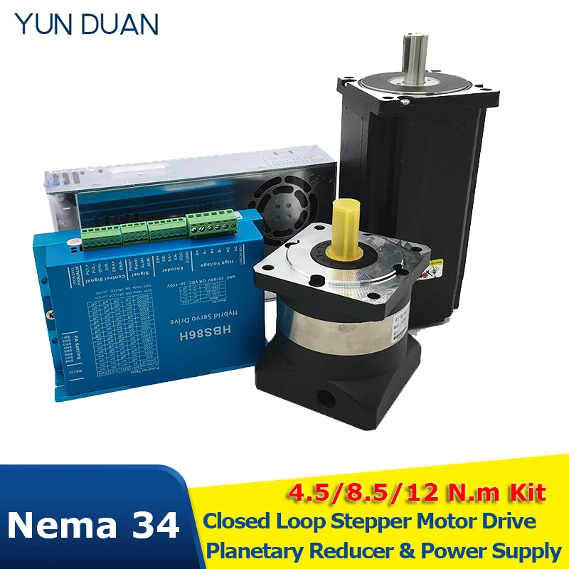 

4.5Nm 8.5Nm 12Nm Nema34 86MM Closed Loop Stepper Motor Drive Hybird Encoder Easy Servo &Planetary Reducer &400W Power Supply Kit
