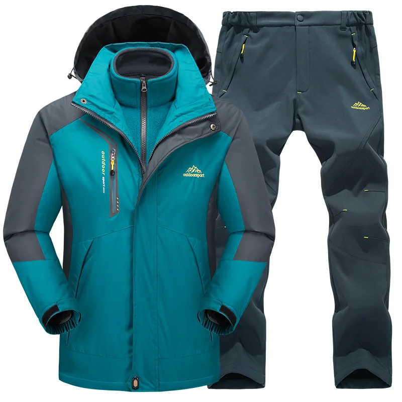 Men Women Winter Waterproof Outdoor Suit Softshell Jackets And Pants Hiking Fishing Climbing 3 In 1 Fleece Jackets Set Plus Size
