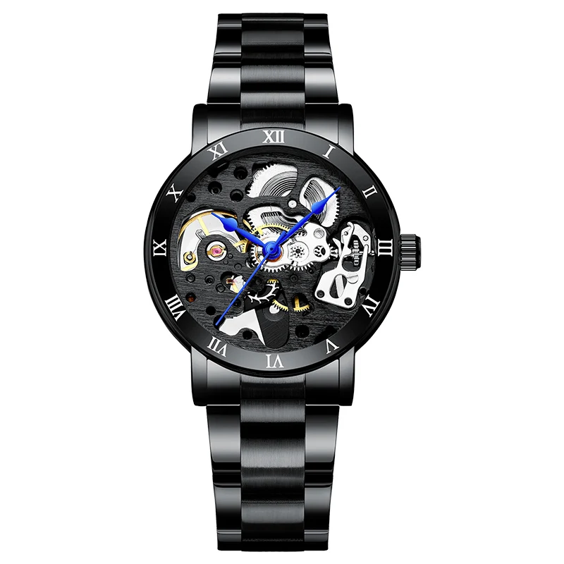 Черный Модный женский механический каркас часов Дизайн Топ бренд класса люкс полный стальной водонепроницаемый женские Автоматические часы Montre Femme