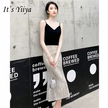 It's YiiYa Cocktail Dress Elegant V-Neck Mermaid Woman Party Dresses Sequin Spaghetti Strap Tea-Length Robe Cocktail Gowns E826