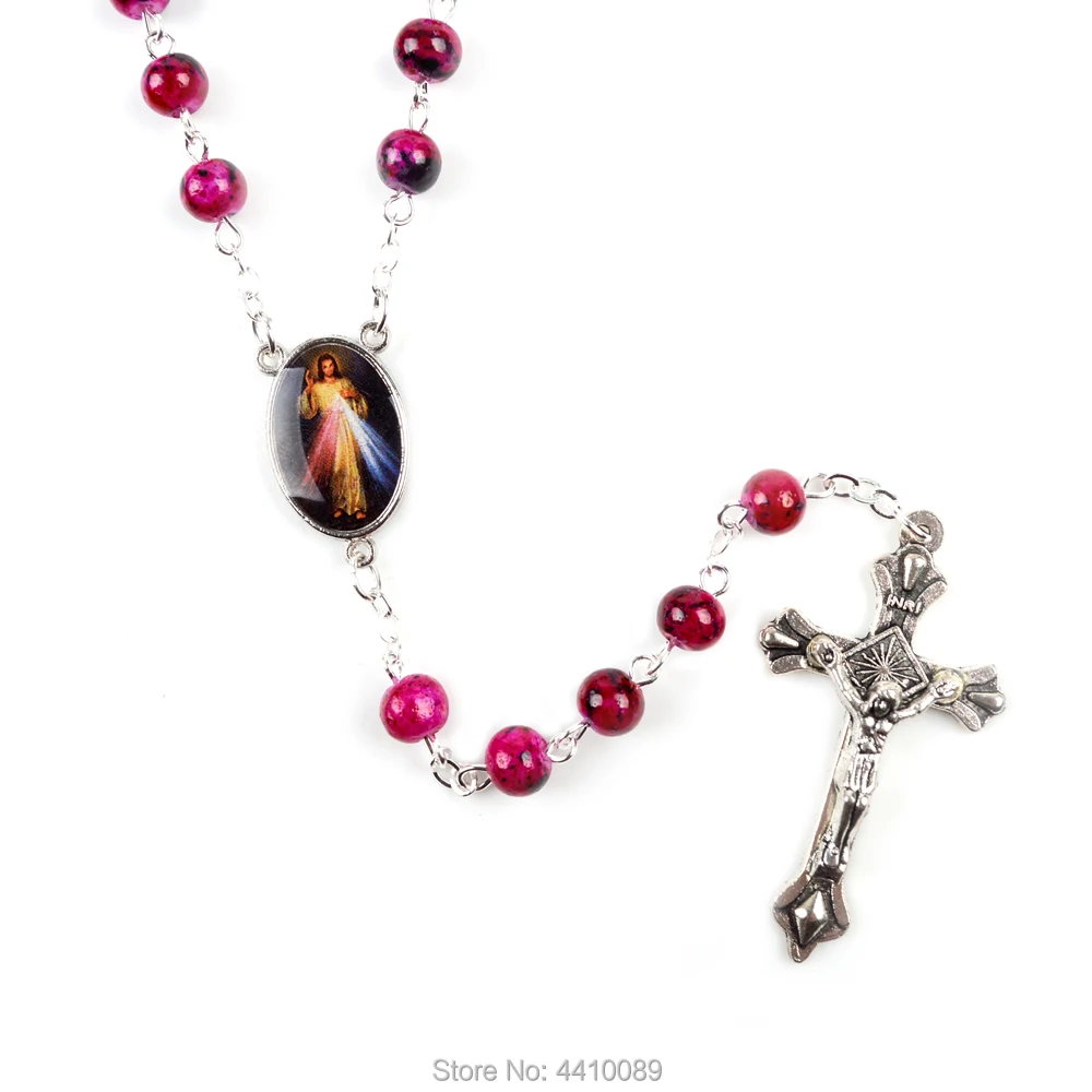 Католические Четки маленького размера круглые синие стеклянные бусины Девы Марии Иисуса ожерелье женщины - Окраска металла: Jesus Mercy Rosary