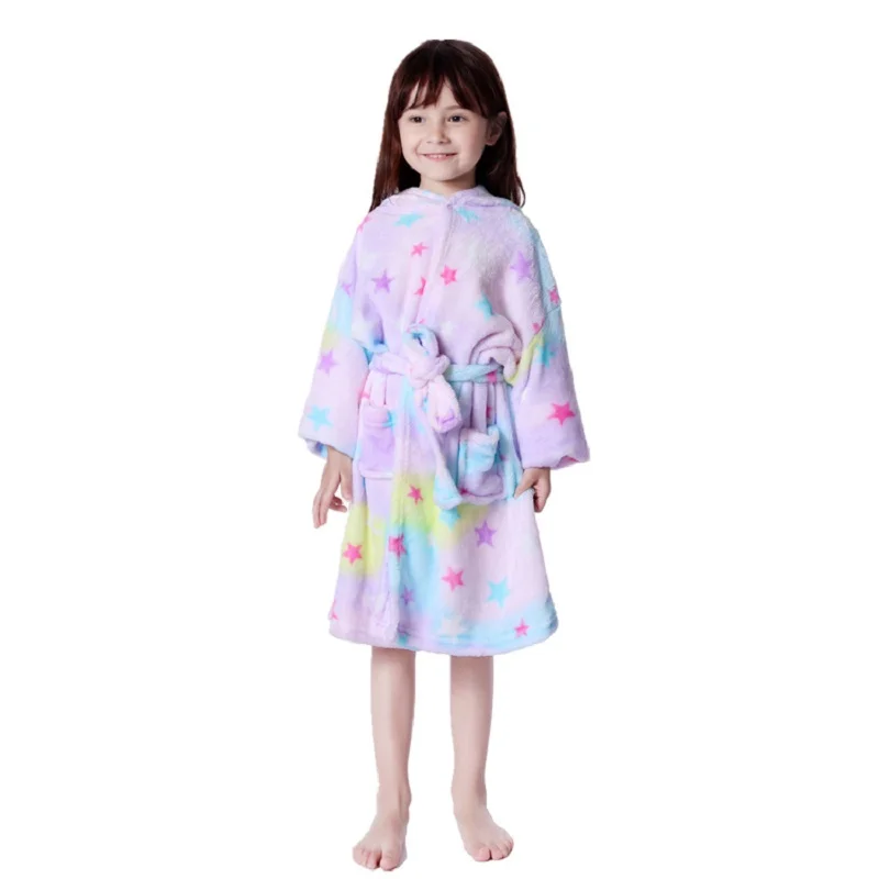 Зимние Детские Банные халаты Kigurumi с капюшоном и единорогом; банный халат с радугой; пижамы для мальчиков и девочек; ночная рубашка; детская одежда для сна - Цвет: Star unicorn