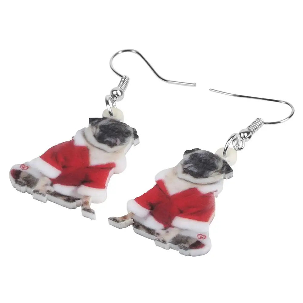 WEVENI Acrylic Christmas Costume Pug Dog Earrings Drop Dangle Animal Jewelry Accessory For Women Girls Teen Kid Party Charm Gift