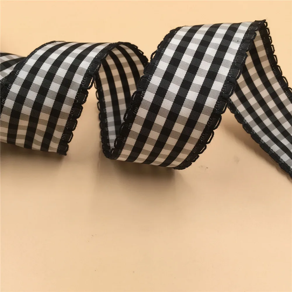 

38MM 25yards Wired Edge Black Plaid Check Ribbon Foral Border for Festival Christmas Decoration New Year Gift Wrapping