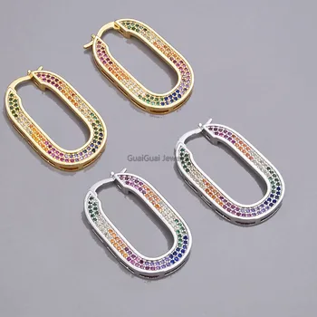

GG Jewelry 18k White Yellow Gold plated Big Hoop Rainbow Cubic Zirconia pave rectangle Earrings