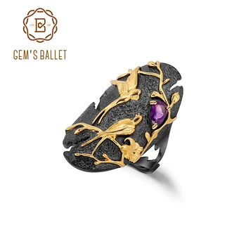 

GEM'S BALLET 925 Sterling Silver Oval Adjustable Cocktail Ring Art Jewelry Natural Amethyst Woman's Handmade Loving Bird Rings