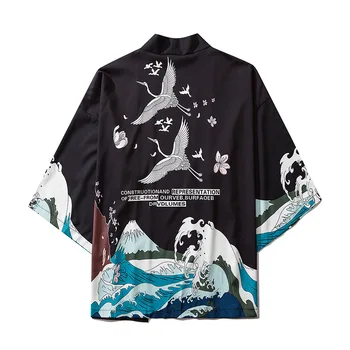 

Japan Style Crane Printed Black Thin Kimono Men Japanese Streetwear Vintage Cardigan Jackets Casual Outerwear 2020