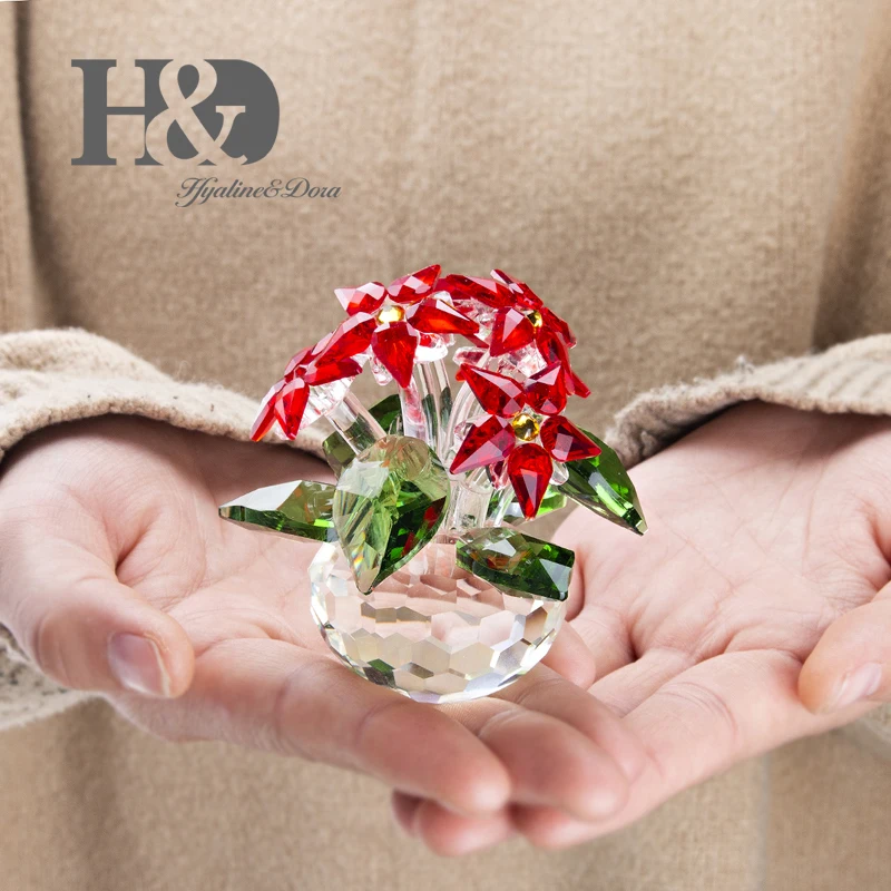 H& D Кристалл Poinsettia большой красный зеленый прозрачный Праздничный Орнамент домашний стол пресс-папье Свадьба Рождество ветка цветы коллекция