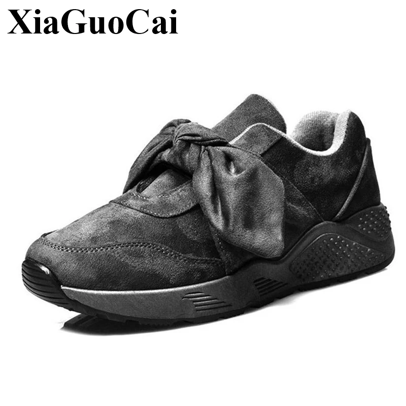 

New Women Sneakers Flat Platform Shoes Large Size Slip-on Casual Shoes with Butterfly-knot Laces Decor Retro Solid Flock Stylish
