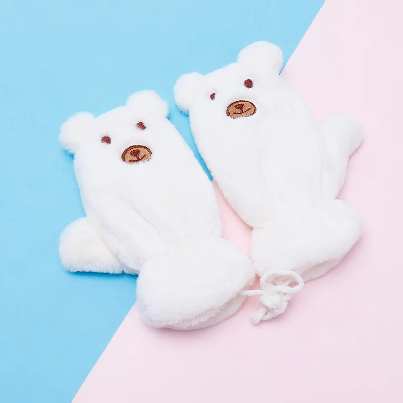 Новые детские перчатки мягкие детские теплые варежки с рисунком медведя, зимние толстые перчатки с веревкой, От 6 до 12 лет - Цвет: White