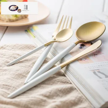 

Portuguese Celebrity Style Cutlery White Handle Brushed Gold Silver Steak Knife Fork 304 Stainless Steel Coffee Spoon 6 Pieces