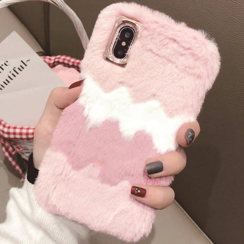 LLZ.COQUE плюшевый Пушистый Зимний чехол из кроличьей шерсти для samsung Galaxy A6 A7 A8 J4 Plus J6 Plus теплый мягкий чехол из ТПУ - Цвет: Розовый