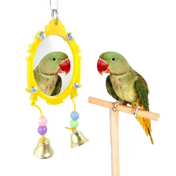 

Fancy Parrot Bird Mirror Toy with Double Movable Hanging Bells Plastic Edging Beads Colorful Pet Cage Decoration for Parakeets C