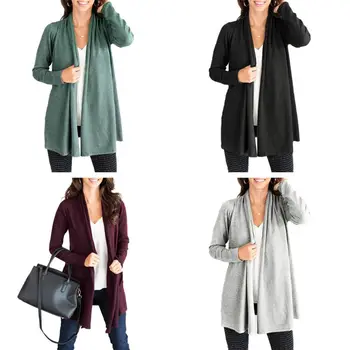 

Womens Autumn Long Sleeve Open Front Sweater Cardigan Solid Color Casual Loose Knitted Pleated Drape Midi Long Tops Coat 40JF