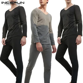 

INCERUN Men Thin Thermal Long Johns Sets Soft Long Sleeve V Neck Underwear & Pants Solid Cozy Mens Underwear Sets 2 Pieces