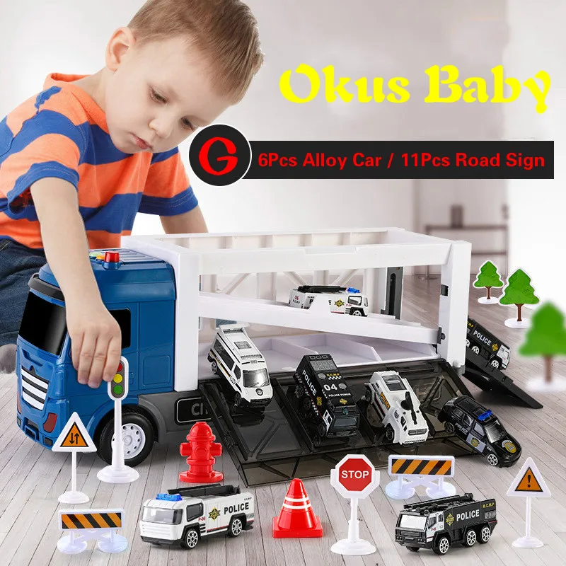 Детская музыкальная история игрушечного грузовика, дорожный автомобиль, комплект с 6 Мини-игрушечными машинами, дорожные знаки, светодиодный фонарь, детская Коллекционная дорожка