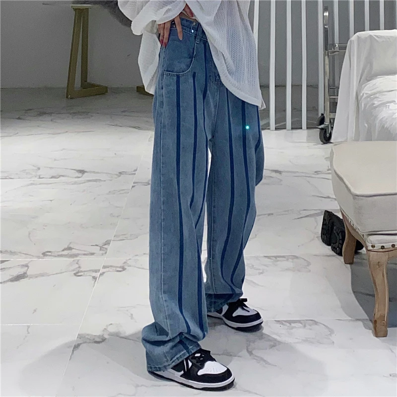 

Boyfriend Jeans Women High Waist Korean Casual Straight Denim Pants Vintage Ladies Jeans Sense of Design Stripe Denim Trouser