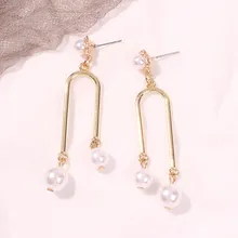 Yaratıcı yeni kuralları Metal inci uzun küpe bayanlar takı hediye moda yeni basit toptan parti düğün küpe takı(China)