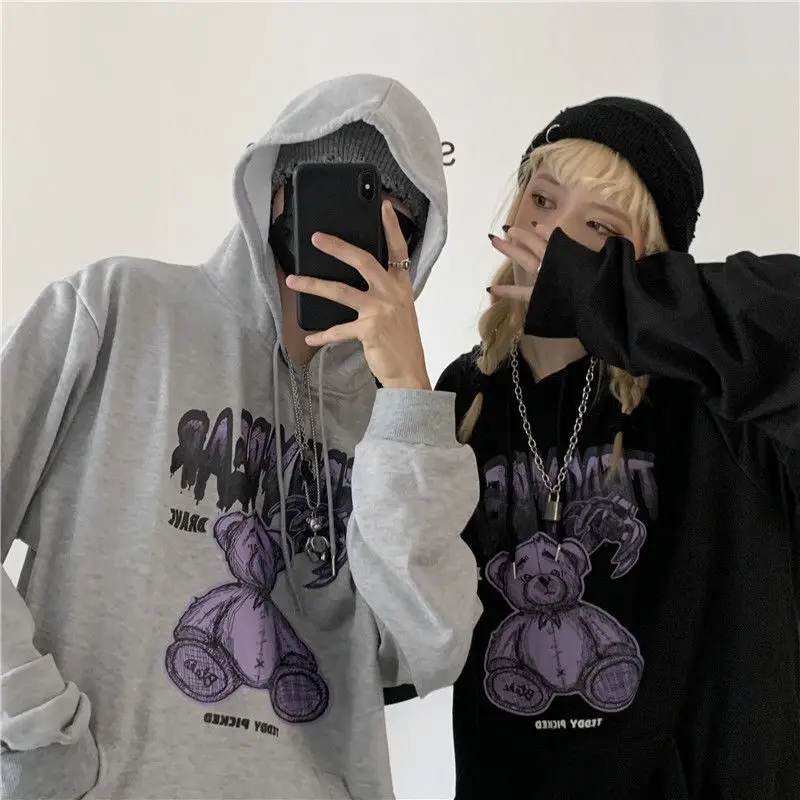 Women Hoodie harajuku Couple outfit Bear print Anime hoodies women goth Hoody kawaii Streetwear Tops  Hooded Long-sleeved Female ► Photo 2/6