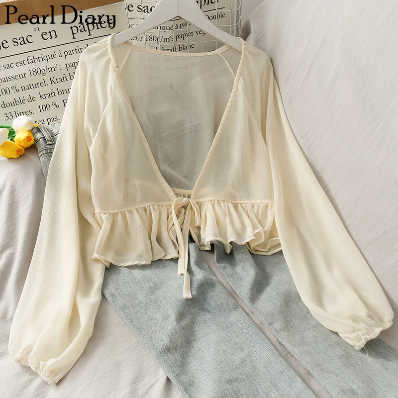 Pearl Diary Women Draped Chiffon Blouse Blouson Sleeve Front Tie Waist Beach Cover Up Top Frill Hem Solid Textured Chiffon Top 【eight colors】original handmade a5 a6 notebook covers protector book sleeve crafted fabric products diary cover，in stock