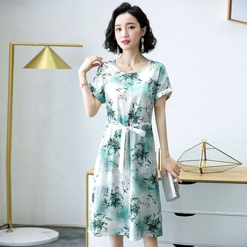 

Lace-up printed mulberry silk dress Summer 2019 New Summer Fashion and Westernized Mulberry Silk Brand Dress #2157