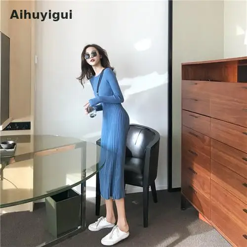 Женское трикотажное платье свитер Aihuyigui синее облегающее с длинным рукавом