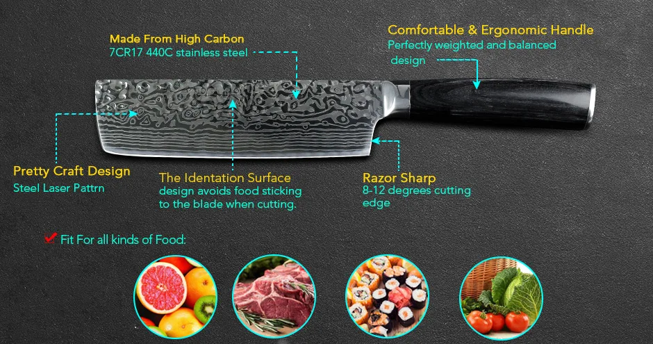 Кухонный нож 7 дюймов Santoku ножи 7CR17 400C высокоуглеродистой из нержавеющей стали, кованый нож для приготовления пищи