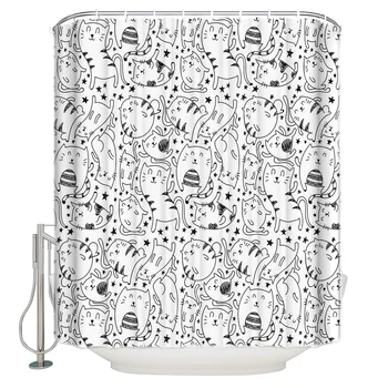 

Shower Curtain Waterproof Polyester Fabric Shower Curtain Cute Hand-Painted Cat Black White Stars