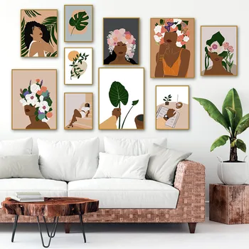 

African Girl Flower Monstera Plant Vintage Wall Art Canvas Painting Nordic Posters And Prints Pictures For Living Room Decor