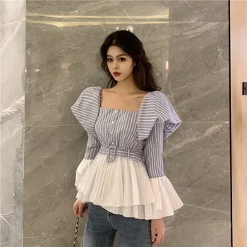 

2020 Autumn New Arrival Temperament Color Matching Stripes Waist Sexy Slash Neck Loose Long-sleeved Shirt Women Free Shipping