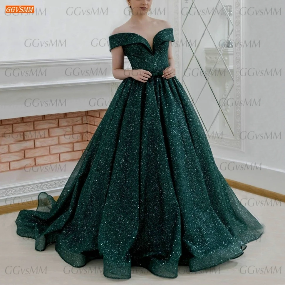 green evening gown Sparkly Green Evening Gowns Off Shoulder Lace Up Ball Gown Women Party Reflective Dresses Long Custom Made 2020 Robe De Soiree party gown for women