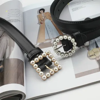 

Pearl Ring Leather Belt Women's Fashion Wild Solid Color Belt Alloy Square Buckle Inlaid Pearl Decoration Sweet Style Belt Women