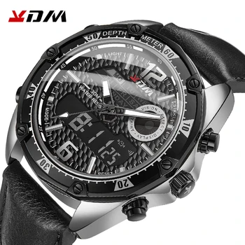 

KDM Top Brand Men Watch Comfortable Leather Strap Dual Display Quartz Digital Watch 30 Meters Waterproof Clock Men Reloj Hombre