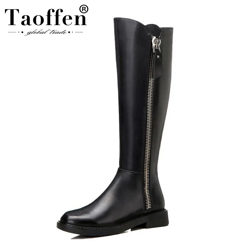 

Taoffen Women Real Leather Knee High Boots Zipper Flats Office Work Winter Boots Fur Daily Round Toe Shoes Woman Size 34-40