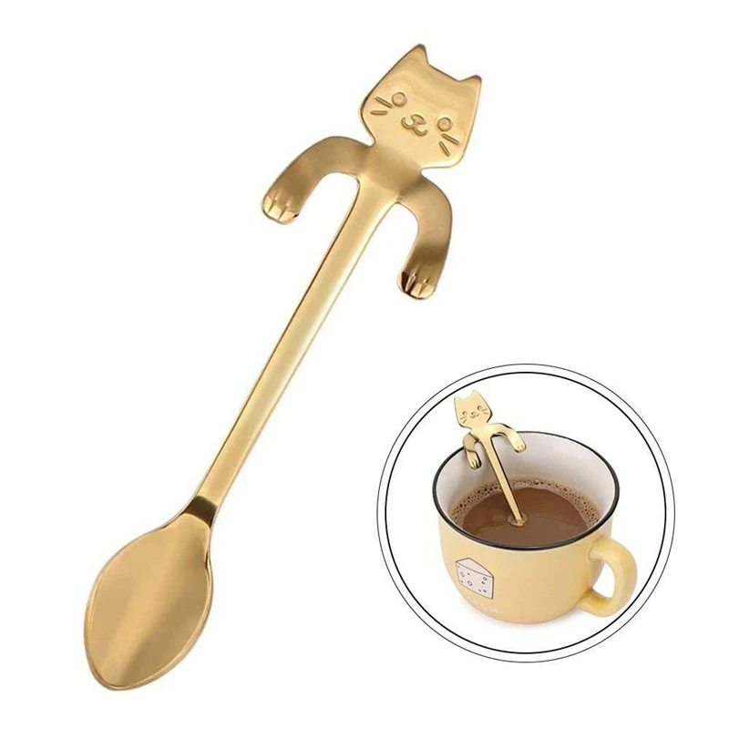 6 шт. мини-ложка для кофе в виде кошки, подвесная чашка из нержавеющей стали, чайные ложки Demitasse, дизайнерская мини-ложка для перемешивания котенка, милая посуда для T