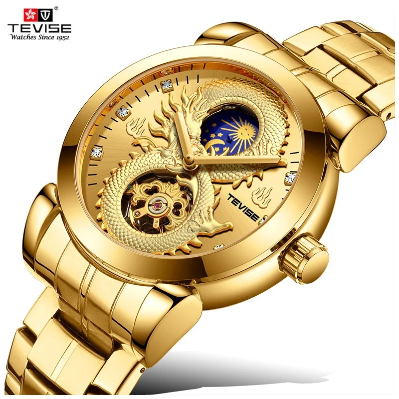 

TEVISE Men's Watches Skeleton Mechanical Watch Moon Phase Waterproof male clock Automatic Gold Wristwatch Relojes Para Hombre