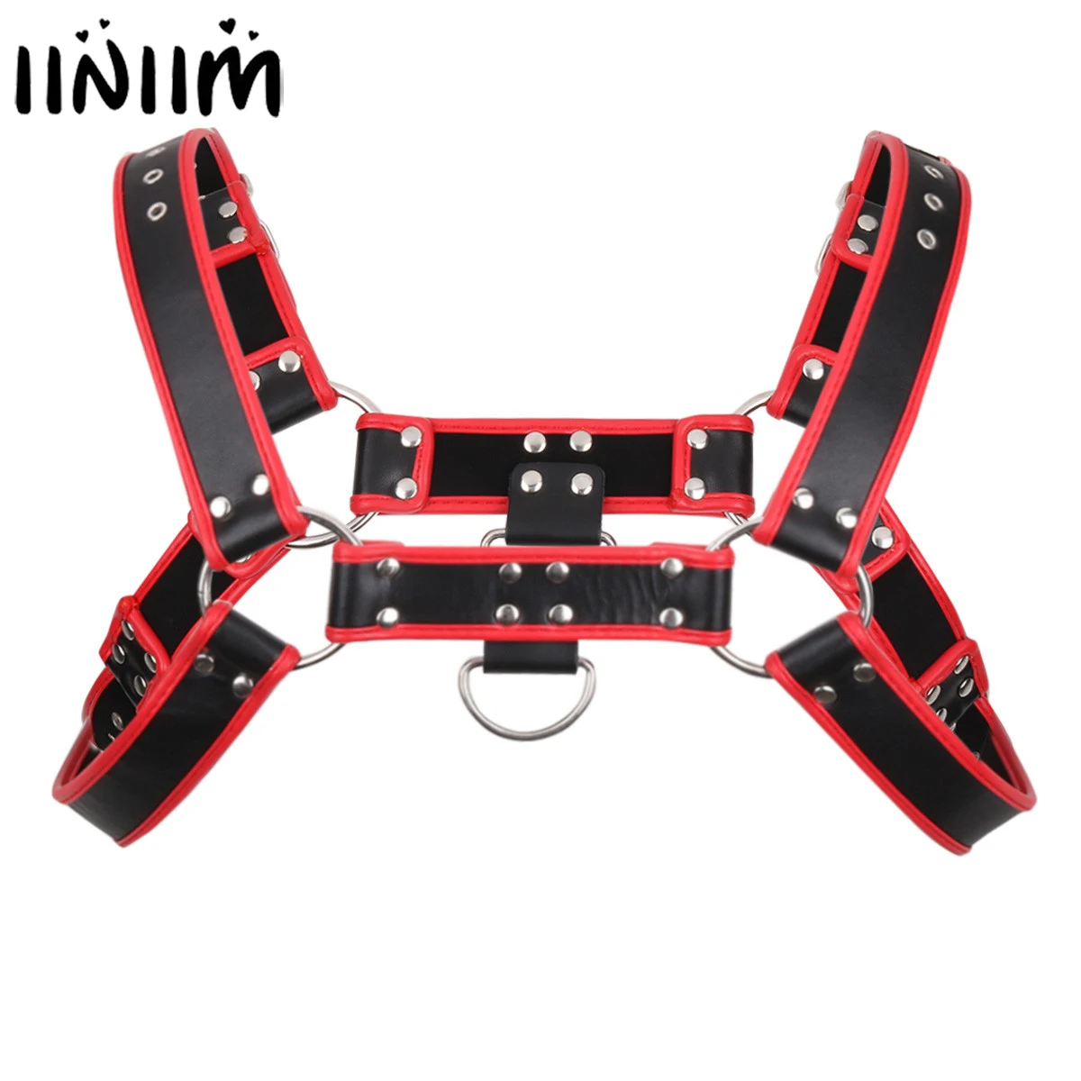 

Men Adult Erotic Metal Rivets Mini Lingerie Top Faux Leather Adjustable Body Chest Harness Bondage Costume with Buckles D-rings