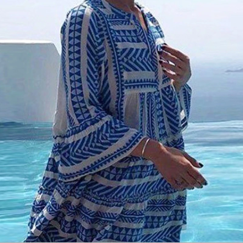 Lipswag 2XL женское платье с принтом и оборками, лето, модное пляжное платье в стиле бохо, повседневное свободное осеннее платье, элегантное женское платье с геометрическим рисунком, сарафан