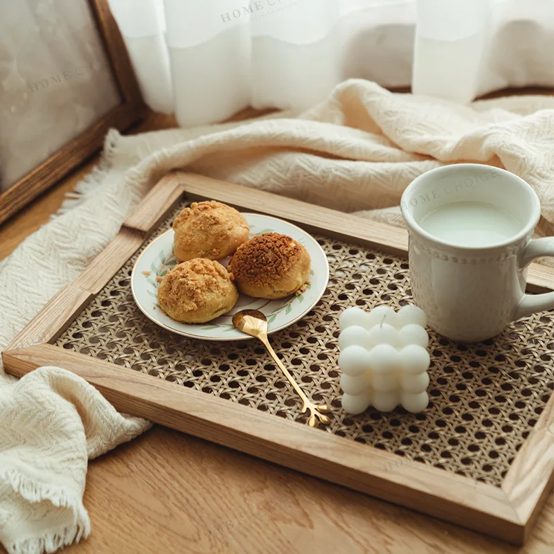 Household Japanese Rattan Wooden Storage Plate Ins Nordic Tea Tray Breakfast Retro Decorations and Ornaments | Дом и сад