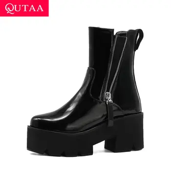 

QUTAA 2021 Round Toe Keep Warm Ankle Boots Autumn Winter Platform Zipper Women Shoes PU Square High Heel Short Boots Size 34-43