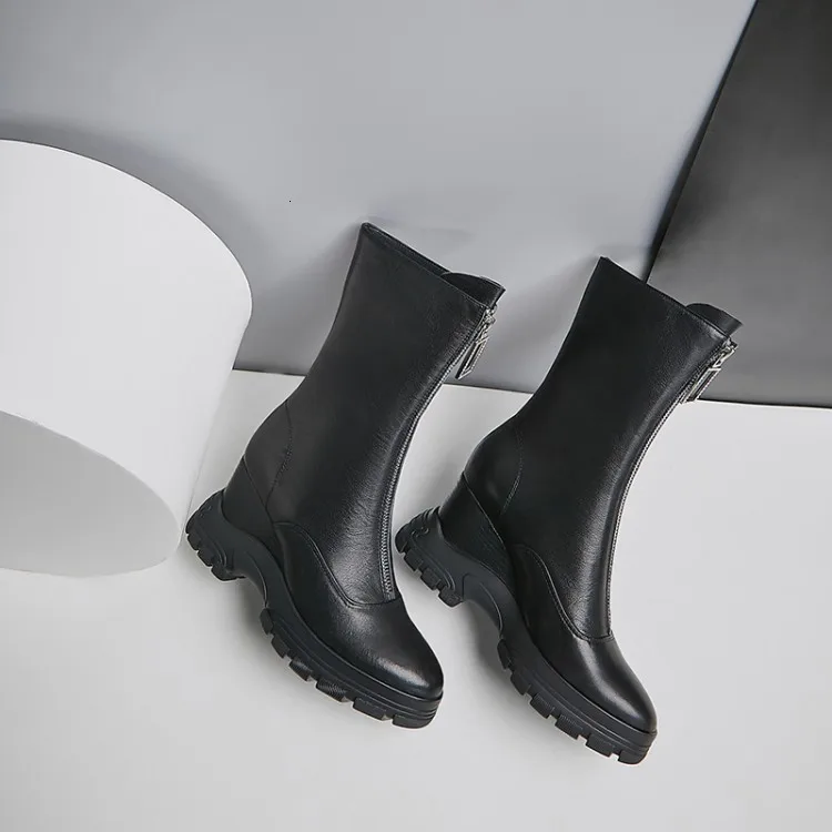 

BELLECOM 2019 Winter New Women's Shoe Slope heel Thick-soled Mid-boot Front Zipper Thick-soled Martin Boots