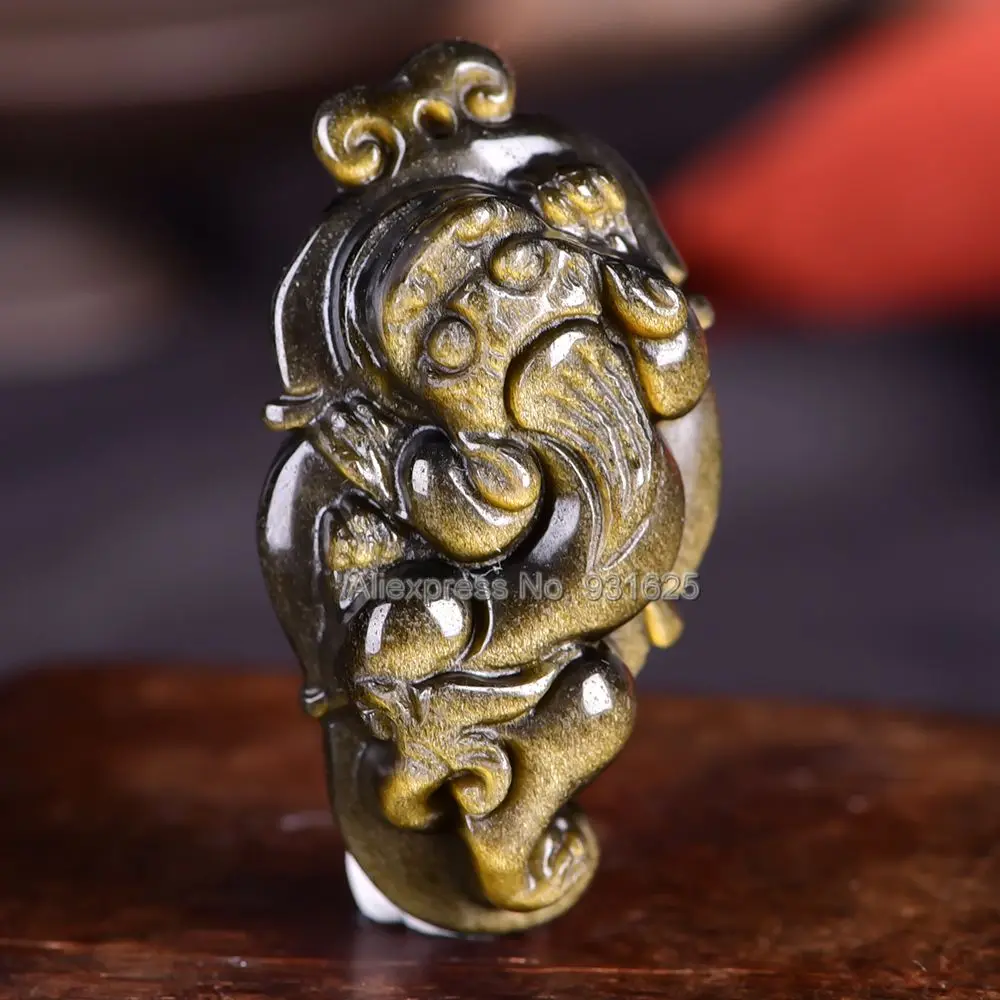 Красивый натуральный золотистый обсидиан ручной резной pixiu Lucky Amulet кулон +