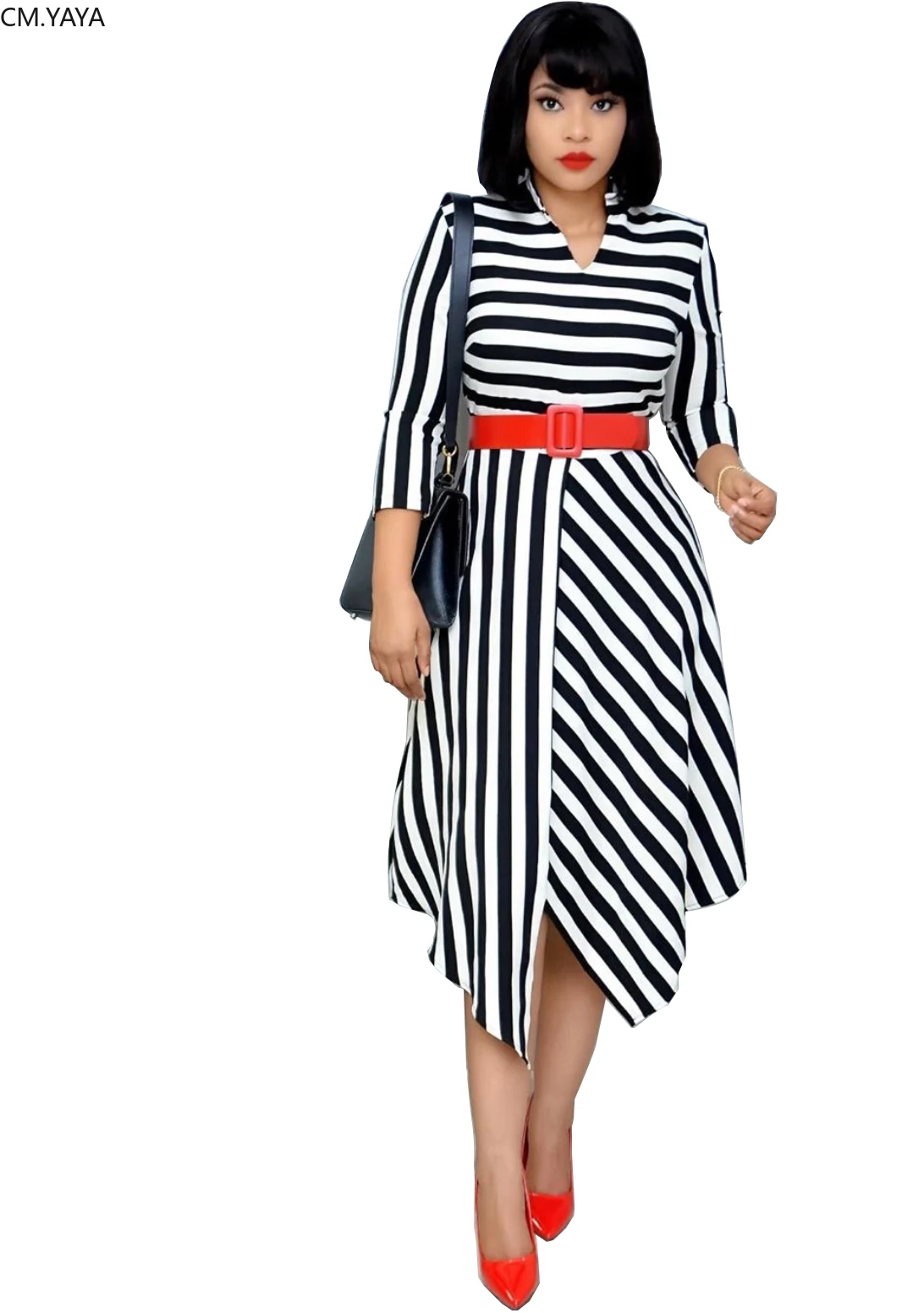 Women Winter Fall Three Quarter Sleeve Striped Dress Office Lady Street Style Sashes Asymmetrical midi Dresses Plus Size AM387 | Женская