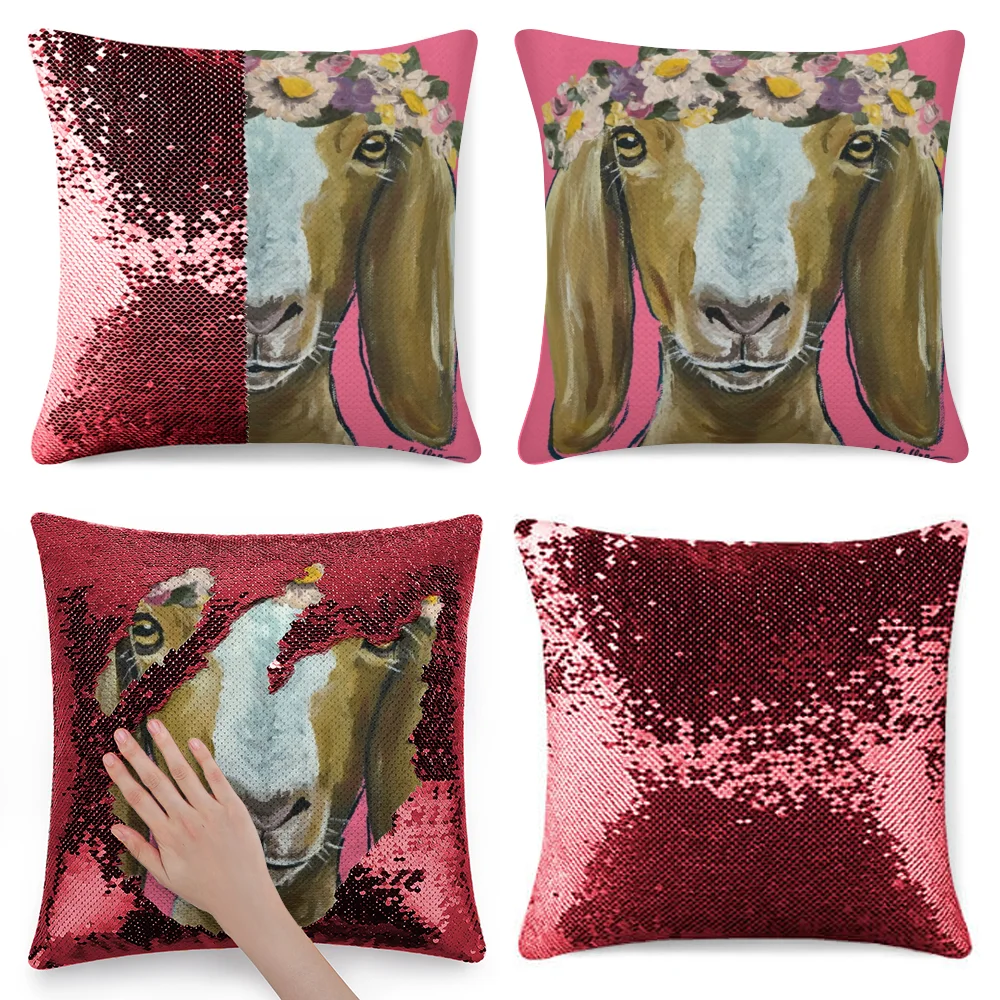 Cute Goat With Flowers Art Shimmer Sequins Pillow Case Glitter Pillowcase Painting G | Дом и сад