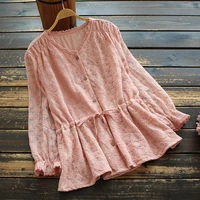8440 New Spring Women Blouse Japan Style Literary V-Neck Solid Color Ruffle Sleeves Lace Shirt Women Tops 1