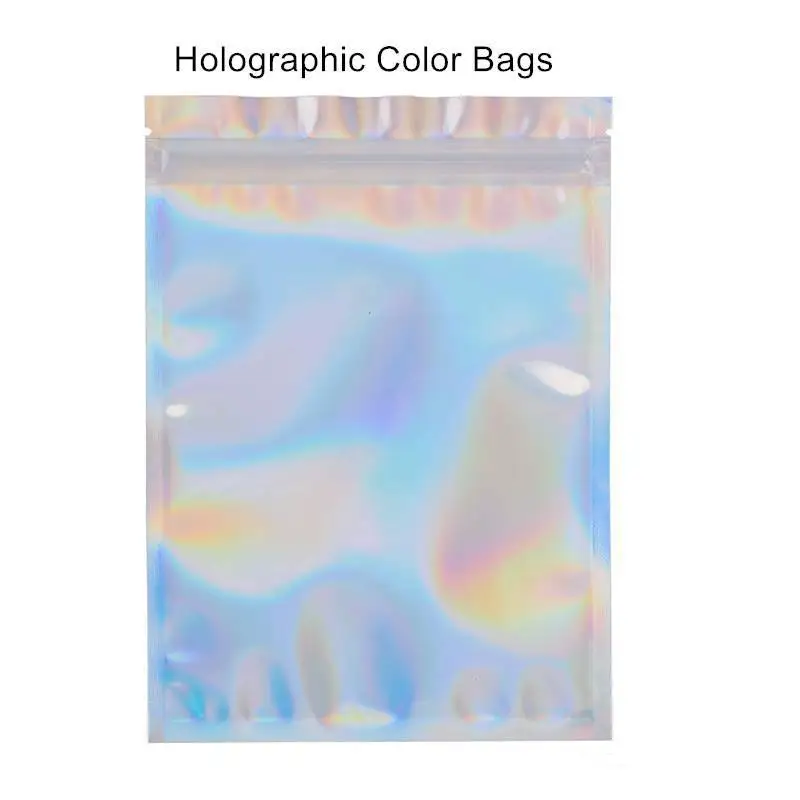 Resealable-Mylar-Bags-Holographic-Color-Multiple-Size-Smell-Proof-Bags-Clear-Zip-Lock-Food-Candy-Storage.jpg Learealsikai Mylar Backs Holografikus Színű Több Méretű Szaggalálló Zsákok Tiszta Cipzárral Rendelkező Ételek Cukorkák Tárolócsomagoló Táskák - Image 5