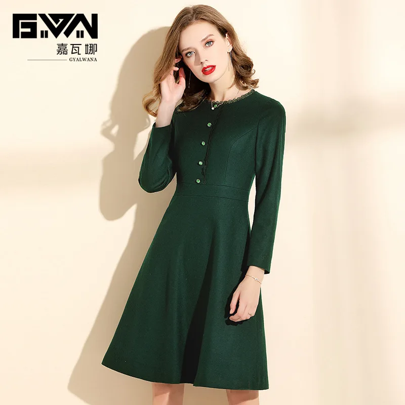 

GYALWANA Brand Winter Thick Green Woolen Dresses for Women Formal Clothes High End A-line Dress