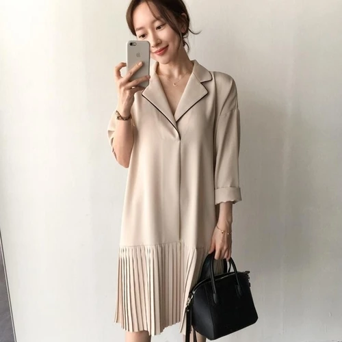 

2019 Autumn Women Apricot Lapel Pleated Skirt Lazy oaf Elegant Dress Joint Concise Style